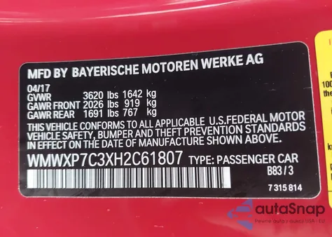 2017 Mini Hardtop Cooper S из США, поврежденный, VIN WMWXP7C3XH2C61807